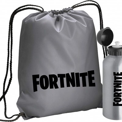 Mochila de cordão cinza e garrafa de alumínio cinza com texto FORTNITE preto