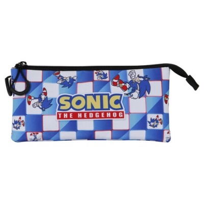 Estojo azul e branco com estampado do Sonic the Hedgehog e fecho preto