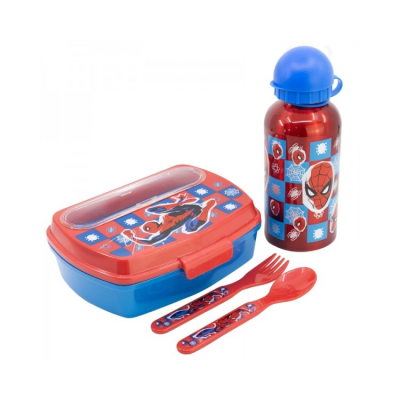 Conjunto infantil de lanche com tema Homem-Aranha em cores azul e vermelho.