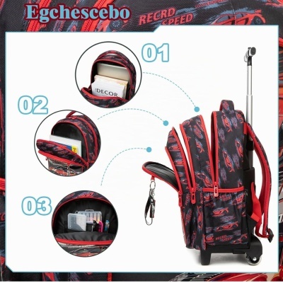 Mochila de rodas preta com carros vermelhos e texto RECRD SPEED