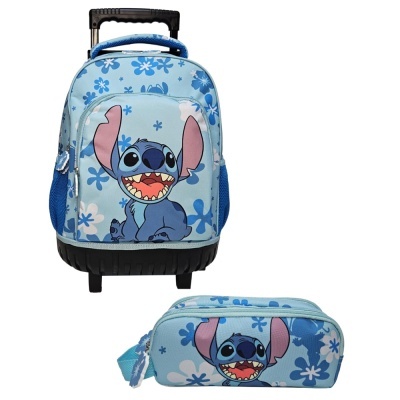 Mala e estojo azul claro com personagem Stitch e flores azuis