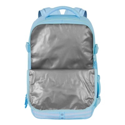 Mochila azul clara aberta mostrando o interior prateado