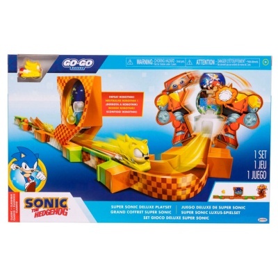Embalagem do brinquedo Super Sonic Deluxe Playset com personagens e pistas temáticas de Sonic
