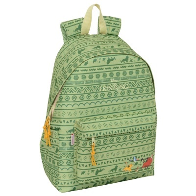 Mochila verde clara com padrão tribal e personagens de The Lion King
