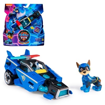 Figurina Chase e veículo PAW Patrol azul com embalagem colorida