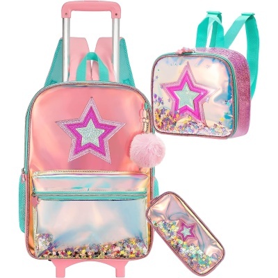 Conjunto de mochila de rodinhas, mochila pequena e estojo brilhantes com estrelas e pompom