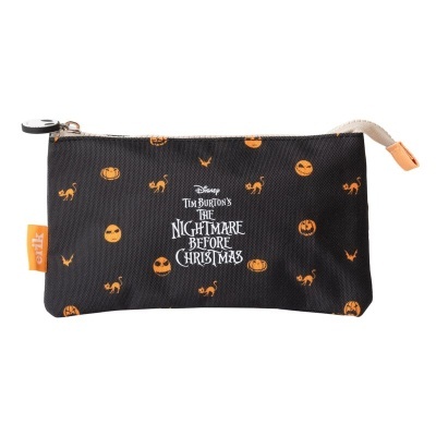 Estojo preto com padrão laranja e texto branco do filme 'The Nightmare Before Christmas'