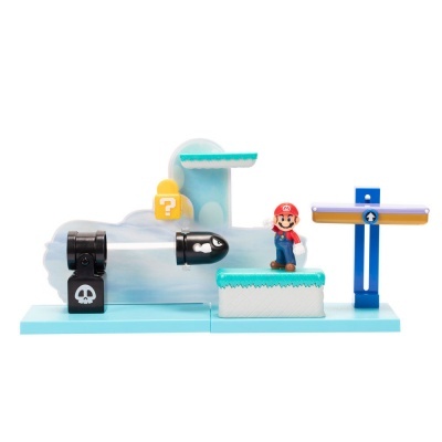 Conjunto de brinquedo Super Mario com figura de Mario e acessórios coloridos.