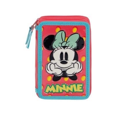 Estojo escolar vermelho e azul com imagem da Minnie Mouse e texto MINNIE