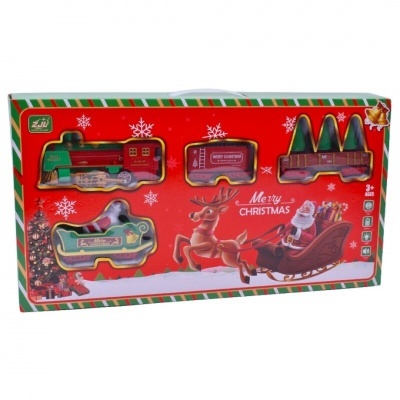 Brinquedo comboio de Natal em caixa vermelha com padrões coloridos