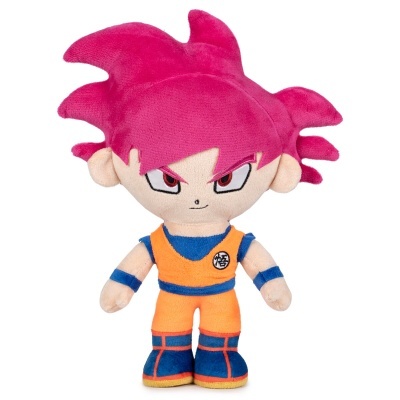 Pelúcia de personagem Goku com cabelo rosa e fato laranja e azul