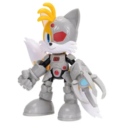 Boneco de ação raposa robótica cinzenta e branca com detalhes coloridos num fundo branco