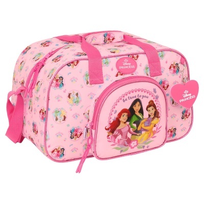 Mala rosa com personagens Disney Princess e bolso frontal colorido