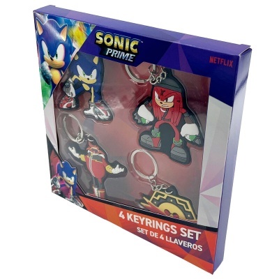 Caixa com 4 porta-chaves Sonic Prime com personagens coloridos e embalagem azul e roxa
