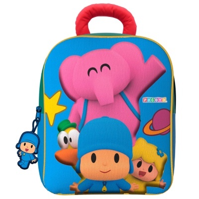 Mochila infantil com personagem Pocoyo e amigos em fundo azul colorido