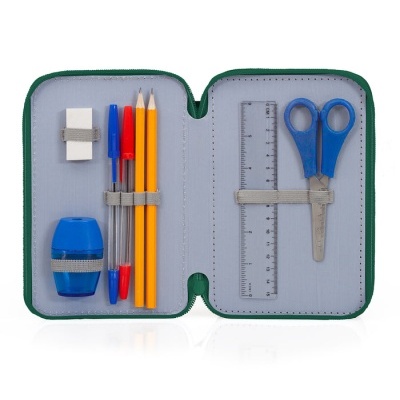 Estojo escolar aberto com material de escrita e papelaria organizado