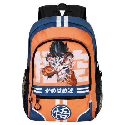 Mochila laranja e azul com personagem de anime e texto em japonês