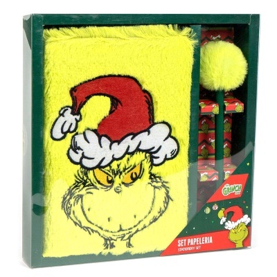 Conjunto de papelaria do Grinch com caderno amarelo felpudo e caneta com pompom amarelo