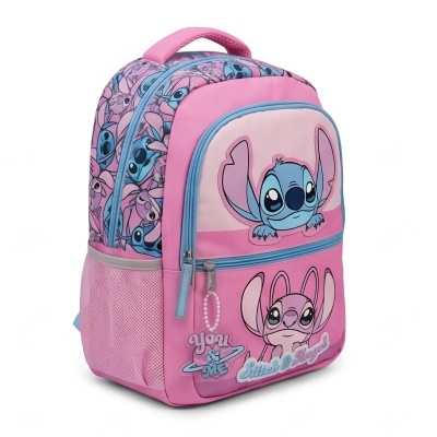 Mochila rosa com personagem Stitch e detalhes em azul e rosa