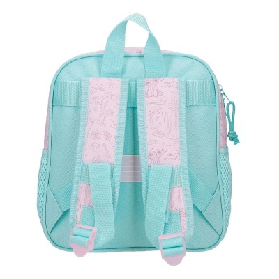 mochila infantil azul claro e rosa com alças almofadadas e bolso lateral em rede