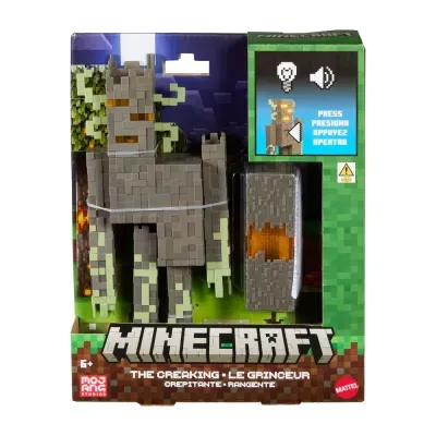Boneco de ação Minecraft The Creaking com escudo na embalagem