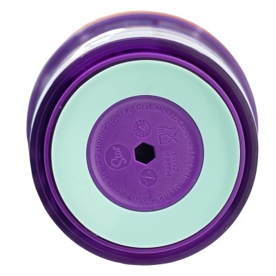 Base do recipiente cilíndrico roxo com selo roxo e branco no centro