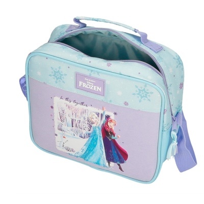 Mala azul e lilás com personagens do filme Frozen e padrão de flocos de neve.