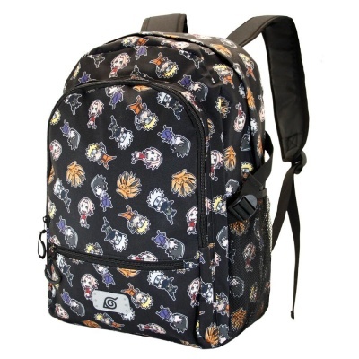 Mochila preta com padrão de personagens de anime coloridos
