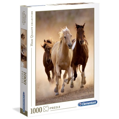 Caixa de puzzle com imagem de três cavalos a correr e texto Clementoni e 1000 puzzle