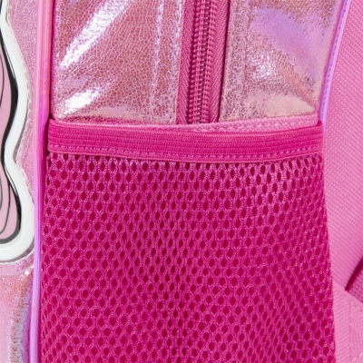 Bolso em rede rosa com fecho de correr e tecido brilhante rosa