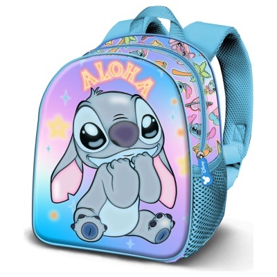 Mochila azul com personagem Stitch e texto ALOHA