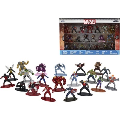 Conjunto de figuras de ação Marvel coloridas em posições dinâmicas com embalagem oficial.