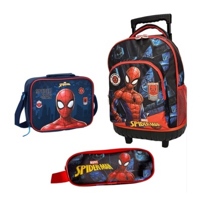 Mochila de rodinhas, lancheira e estojo do Homem-Aranha com cores azul, vermelho e preto.