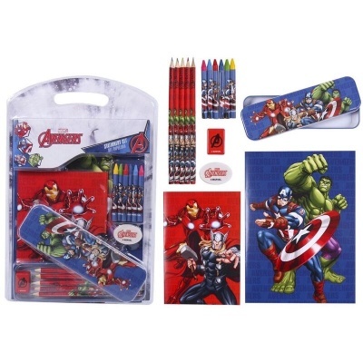 Conjunto de material de escrita Avengers com lápis, borracha, apontador e estojo metálico colorido de personagens