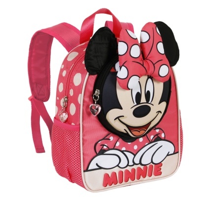 Mochila infantil rosa com personagem Minnie e bolinhas brancas