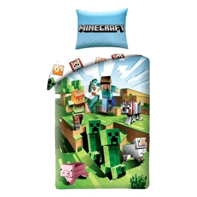 Conjunto de cama infantil Minecraft com edredão colorido e almofada azul com texto