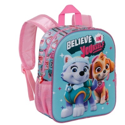 Mochila infantil rosa e azul com personagens animados e texto inspirador