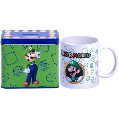 Conjunto lata e caneca Super Mario com personagem Luigi