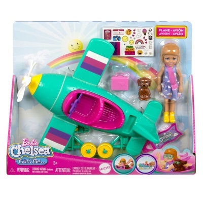 Brinquedo Barbie Chelsea com avião e boneca num pacote colorido