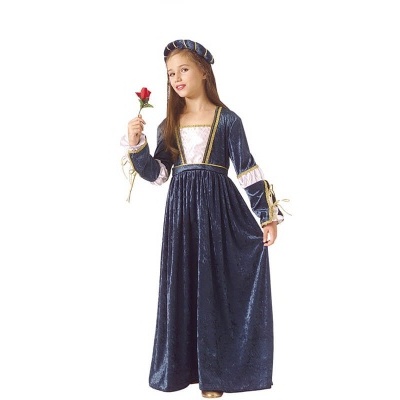 Vestido longo de veludo azul escuro com detalhes dourados e branco, chapéu azul e menina com rosa vermelha