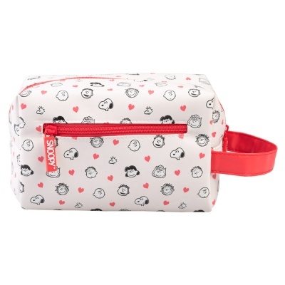 Necessaire branca com estampado de personagens Peanuts e fecho vermelho com etiqueta SNOOPY