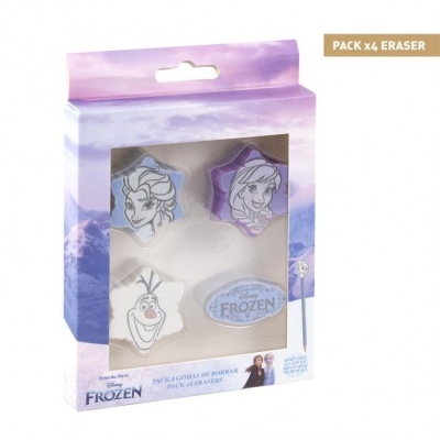 Pack de 4 borrachas Disney Frozen em embalagem com fundo lilás e azul