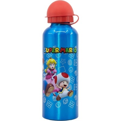Garrafa azul metálica com estampado Super Mario e tampa vermelha