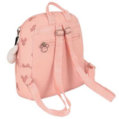 Mochila cor de rosa com estampado de Mickey Mouse, alças ajustáveis e detalhes metálicos.