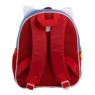 Mochila infantil vermelha com alças acolchoadas e detalhe de orelhas brancas