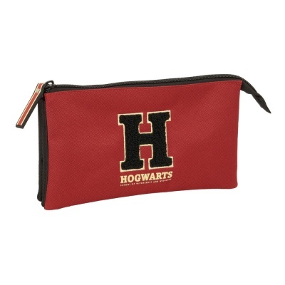 Estojo escolar vermelho com letra H preta e texto Hogwarts