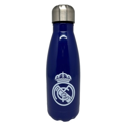 Garrafa térmica azul escuro com logo do Real Madrid e tampa metálica prateada