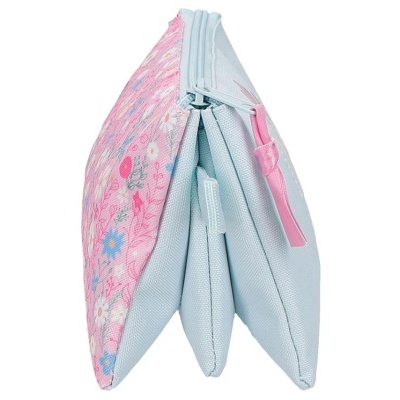 Necessaire dobrável azul claro e rosa com padrão floral e fechos de correr