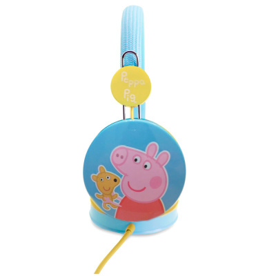 Auscultadores infantis azuis com personagens da Peppa Pig e cabo amarelo.