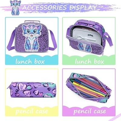 Conjunto de lunch boxes e estojos para lápis roxos com padrão de leopardo e imagem de gato azul